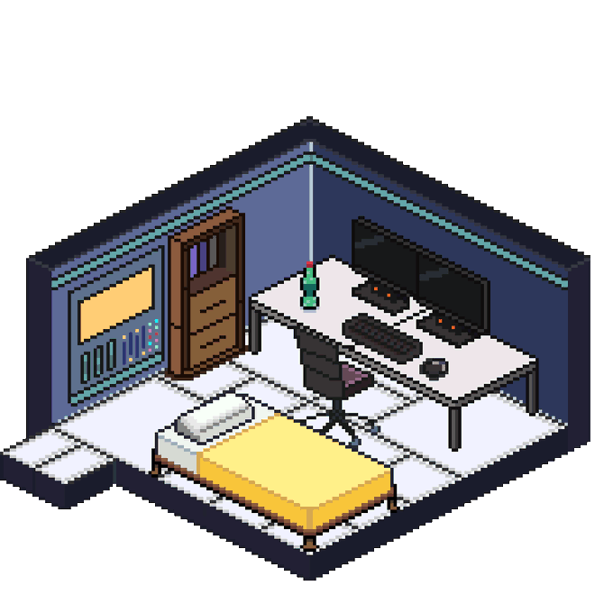 An isometric pixel art illustration of a bedroom containing a desk with dual monitors, a gaming chair, a bed with yellow bedding, a wardrobe, and a framed picture on the wall.