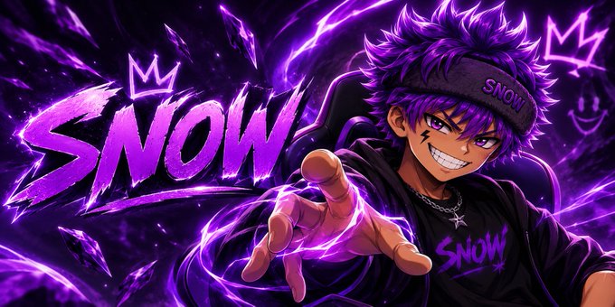 7: An anime-style illustration of a character with purple spiky hair, a headband labeled 'SNOW', and a black shirt, with 'SNOW' branding in the background.