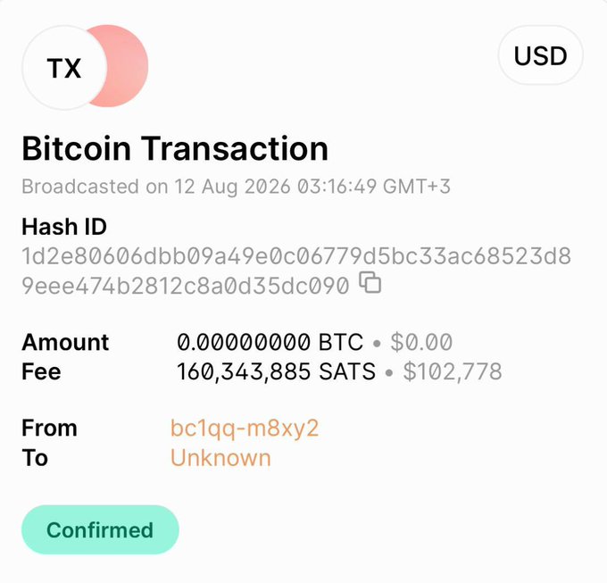 A Bitcoin transaction receipt showing a confirmed TX from address "bc1qq-m8xy2" with an amount of 0.00 BTC and a fee of 160,343,885 SATS (~$102,778), broadcast on 12 Aug 2026. The image illustrates the contrast referenced in the post: while this Bitcoin user paid over $100K in fees for a transaction, Koinos users pay zero fees.