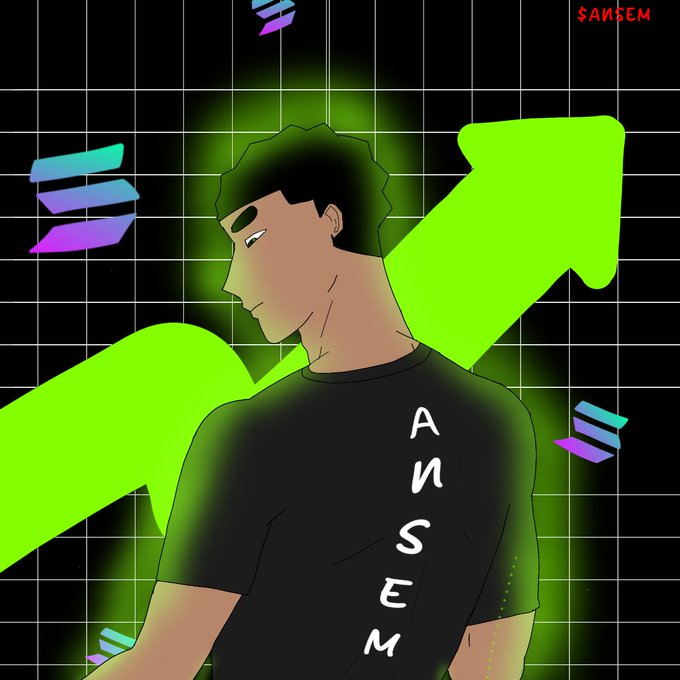 A stylized digital illustration of a person in a black t-shirt with 'ANSEM' written on it, set against a green and black grid background with a large neon green arrow pointing upward.