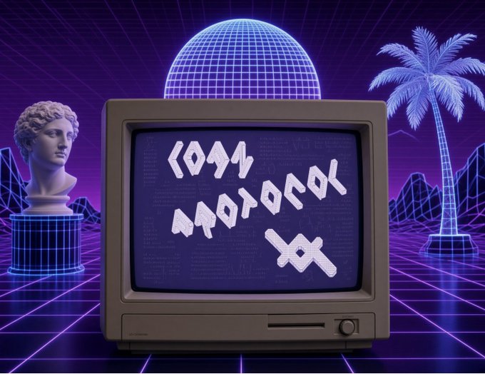 A CRT monitor displays stylized runic symbols in a vaporwave/synthwave scene with a neon grid, palm tree, classical bust, and disco ball.