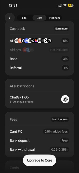 A mobile app screen displaying a 'Core' membership tier plan with cashback rates, AI subscription benefits including ChatGPT Go ($100 annual credits), and fees information, with an 'Upgrade to Core' button at the bottom.
