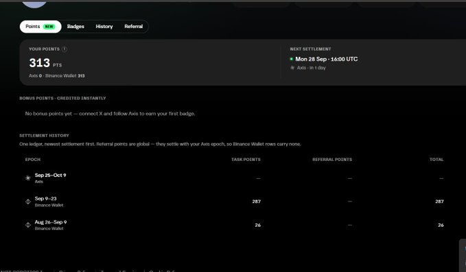 A digital dashboard displays 'YOUR POINTS: 313 PTS' with 'NEXT SETTLEMENT: Mon 28 Sep - 16:00 UTC' and a settlement history showing transactions from 'Sep 9 - 23' and 'Aug 26 - Sep 9' credited to a 'Binance Wallet'.
