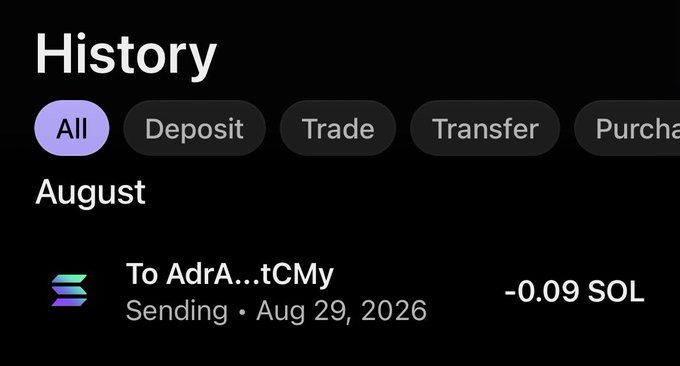 The image shows a transaction history screen displaying a "Sending" transfer of -0.09 SOL to the address "AdrA...tCMy" on August 29, 2026, likely representing a small outbound transfer celebrating a "first win" moment.