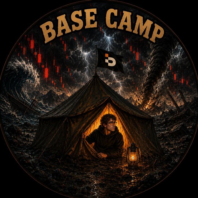 A circular illustration titled "BASE CAMP" features a person inside a tent with a flag bearing the "B" Bitbase logo, set against a stormy backdrop with red candlestick chart patterns, symbolizing the community's role as a shelter during volatile crypto market conditions.

The image features the text "BASE CAMP" and a flag with the "B" Bitbase logo, while the caption references @Bitbase_Ex and a free community for sharing charts, analysis, and memes ahead of the bull market, tying in with the image's depiction of a refuge during market turbulence.