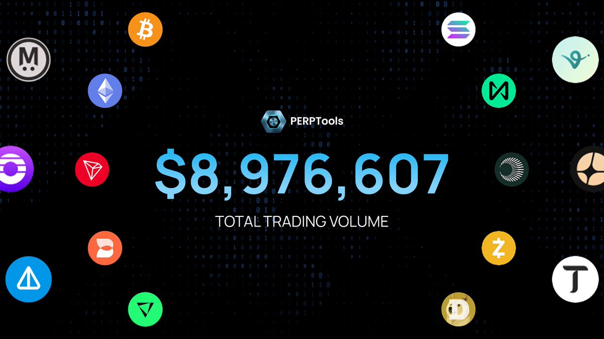 The image shows a promotional display featuring a black background and various icons of cryptocurrency logos such as Bitcoin, Ripple, and Etherium. At the center of this display is a banner with the text "Over $8.9M traded in the last 30D PERPTools keeps the momentum going with traders, AI agents, and nonstop on-chain execution." This text highlights how the trading volume has grown over time and emphasizes the growing success of the cryptocurrency market.