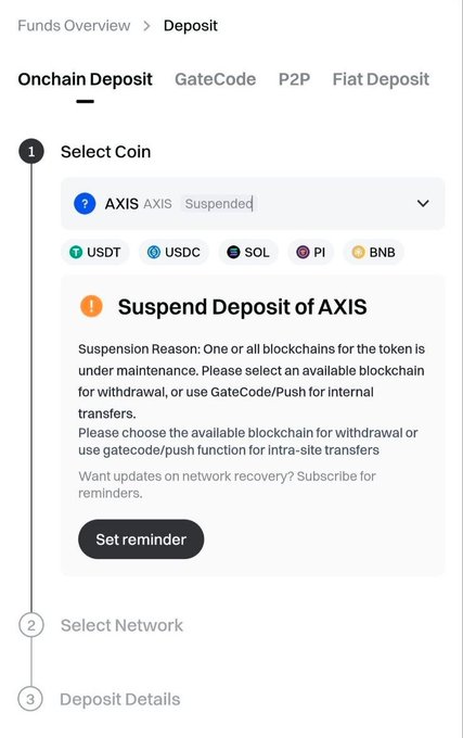 Cryptocurrency exchange deposit page showing suspended deposit of AXIS token due to blockchain maintenance, with options for USDT, USDC, SOL, PI, and BNB.