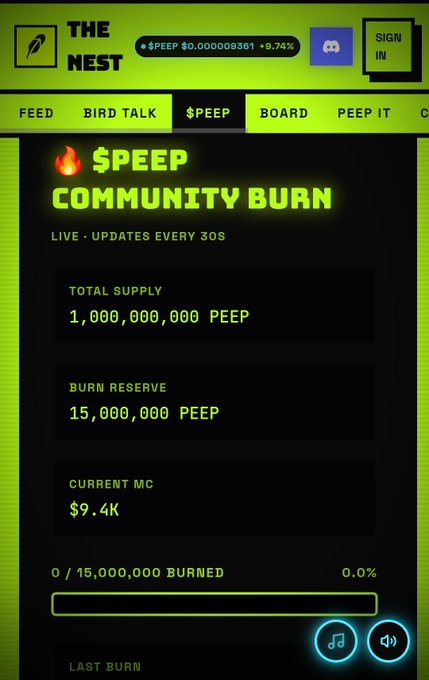 A screenshot from "The Nest" platform showing the $PEEP Community Burn dashboard, displaying a total supply of 1,000,000,000 PEEP, a burn reserve of 15,000,000 PEEP, and a current market cap of $9.4K, with 0% burned so far. The image visually reinforces the post's message about community-driven token burns and building a stronger ecosystem.