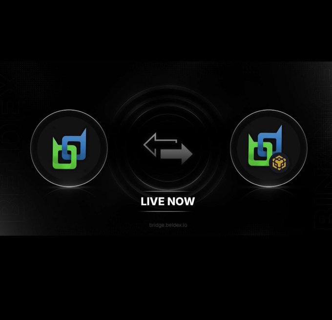 A dark promotional graphic showing two beDex tokens with arrows between them and text reading 'LIVE NOW' and 'bridge.beidex.io'.