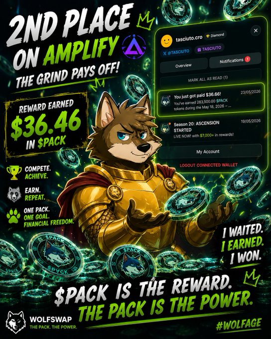 A cartoon wolf character, wearing a golden armor and holding a shield, stands amidst green coins, with text promoting a gaming experience on "The Wolfs Wrap".
