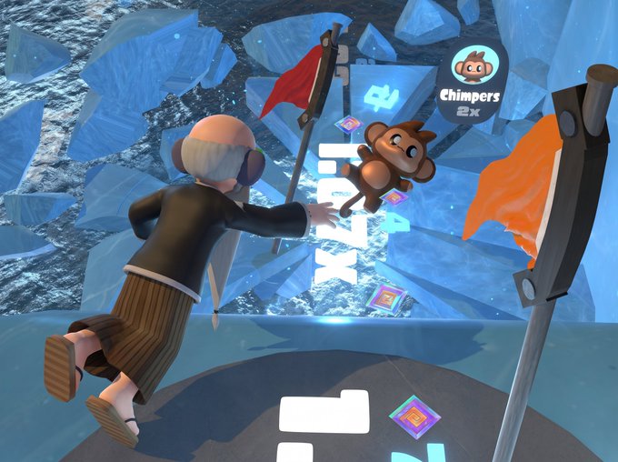 A cartoon figure in a suit and sandals leaps through a shattered icy platform alongside a "Chimpers" NFT character x2 badge, illustrating the Platform Crash mini-game where surviving breaking floors earns spins for real prizes across various community avatars.