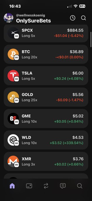 The image shows a phone screen displaying various cryptocurrency prices, including Bitcoin, Gold, and TSLA (TSLA). The screen also has a social media app icon and a message about a new cryptocurrency called "Shorte net". The text on the screen reads "Ich Shorte net berücksichtigt wieder von mein $TSLA Profite und was da drin war halte den oben in Portfolio.