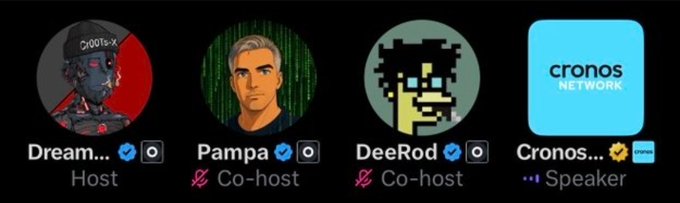 A podcast or Twitter Spaces panel showing four participants: Dream... (Host), Pampa (Co-host), DeeRod (Co-host), and Cronos... (Speaker) with verified badges.