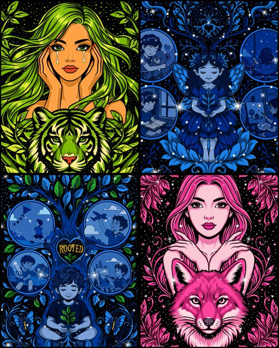 A four-panel illustration featuring stylized portraits of women paired with animal motifs—a tiger, a fairy, a fox, and scenes under a tree—rendered in vivid green, blue, and pink hues.