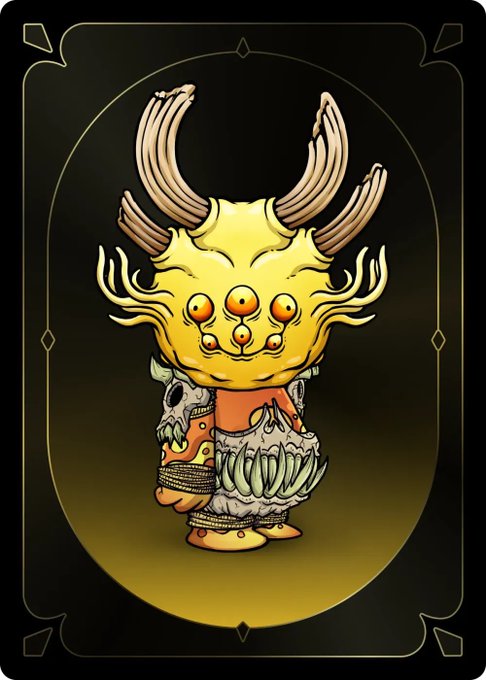 A stylized illustration of a yellow, multi-eyed creature with antlers standing in a decorated garment, displayed as a tarot-style card with a black border.