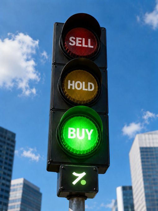 A modified traffic light displays "SELL" (red), "HOLD" (yellow), and "BUY" (green) signals, with the "BUY" light illuminated and a downward arrow with dot pointing to it. The image creatively uses a financial signal metaphor to suggest it's a good time to buy, directly reinforcing the post's confident directive to act on the trading opportunity.