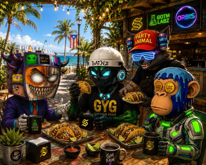 Four crypto mascots—a menacing TV-headed figure, a robotic "GYG" helmet wearer, a furry creature in a "PARTY ANIMAL" cap with neon shutter shades, and a paint-dripping Bored Ape with "LDZ" gold coin eyes—gather around a tropical beachside table enjoying a feast of tacos, lime wedges, and salsa, surrounded by neon signs reading "GOTM LABZ," "ORBIS," and "AI," with mugs marked "$," "GM FAM," and "GOTM LABZ" tying the festive Web3 community vibe to the "Happy Taco Tuesday" message about builders connecting and making Tuesday count.