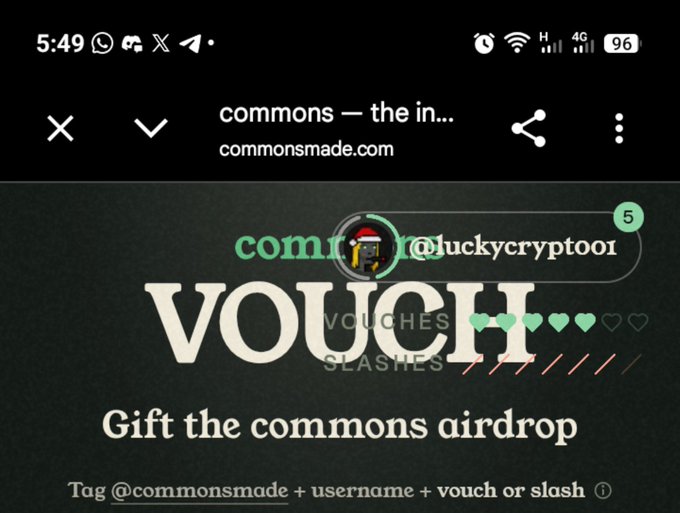 A mobile browser screenshot from commonsmade.com showing a 'Gift the commons airdrop' interface with the username @luckycrypto01 tagged.