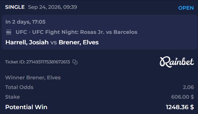 A Rainbet betting slip for a UFC Fight Night ticket (ID: 2714931175381672613) with a stake of $606.00 on Brener, Elves to win, offering a potential win of $1,248.36 at 2.06 total odds.