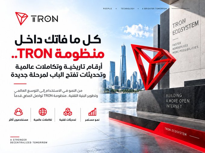 A promotional graphic for TRON features the text "كل ما فاتك داخل منظومة TRON" (Everything you missed inside the TRON ecosystem) alongside "PEOPLE • TECHNOLOGY • A BRIGHTER TOMORROW" and "BUILDING A MORE OPEN INTERNET," highlighting categories like users, global integrations, smart contracts, and continuous growth. The image visually reinforces the accompanying post's message about TRON's recent expansion, record highs, and ecosystem developments during the author's brief absence.