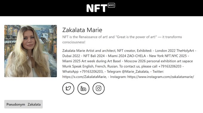 An NFT.NYC artist profile for 'Zakalata Marie', a blonde woman, listing exhibitions in London, Dubai, Bali, Miami, New York, and Moscow, with social media handles for Twitter, LinkedIn, and Instagram.