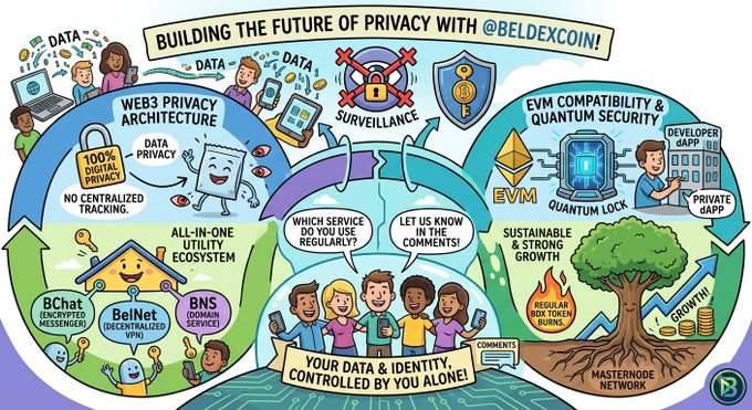 A colorful infographic titled 'BUILDING THE FUTURE OF PRIVACY WITH @BELDEXCOIN!' showing Web3 privacy architecture, EVM compatibility, quantum security, decentralized services like BChat and BelNet, and a masternode network.