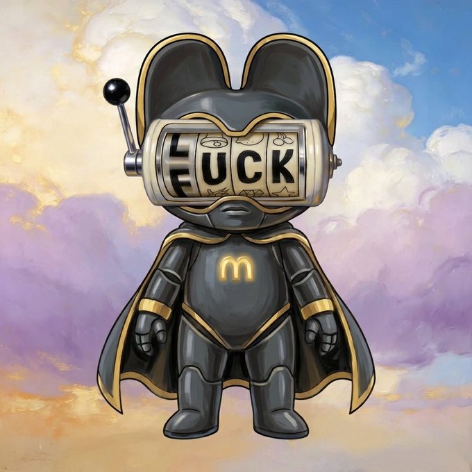 A black and gold robotic Mickey Mouse-like figure stands against a cloudy sky background, featuring a slot machine reel for its eyes displaying the word "FUCK" and a McDonald's "M" logo on its chest.
