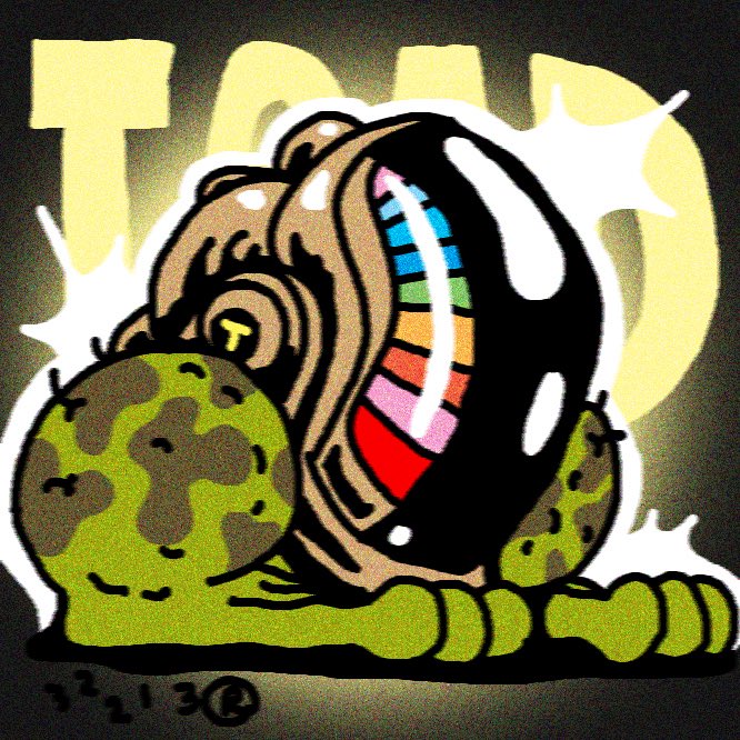 Graffiti-style artwork featuring the word 'TOAD' in yellow text behind a cartoon mushroom character with colorful gills and green spherical bodies with camouflage patterns.