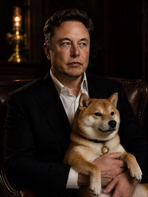 A man resembling Elon Musk in a dark suit sits in a leather chair, gazing thoughtfully off-camera while cradling a Shiba Inu dog wearing a collar with a dogecoin medallion—visually embodying his well-known affinity for the meme-inspired cryptocurrency as referenced in the quote.