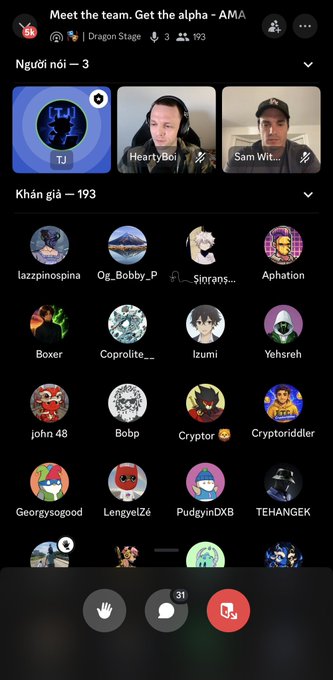 Screenshot of a Discord AMA call titled 'Meet the team. Get the alpha - AMA' in the Dragon Stage voice channel, showing 193 viewers and a list of participants.