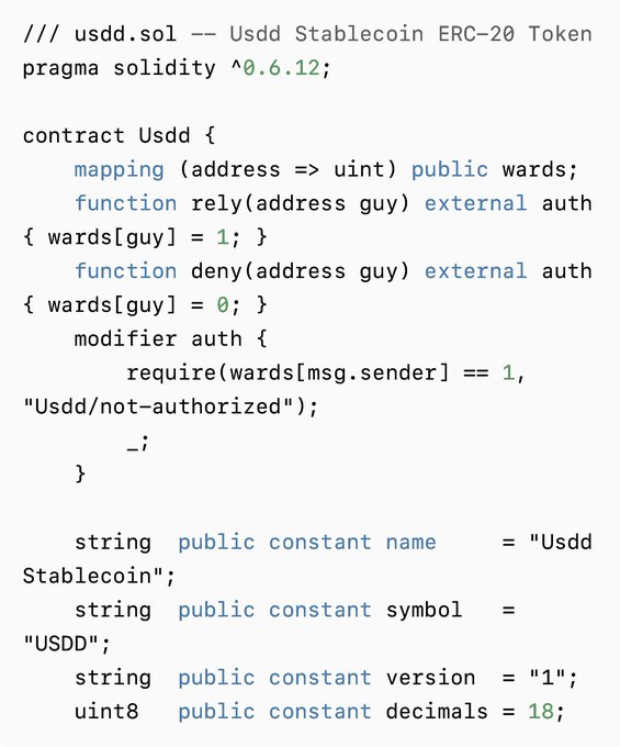 Solidity smart contract code for 'Usdd Stablecoin ERC-20 Token' at usdd.sol, defining contract variables for name, symbol, version, and decimals (18).