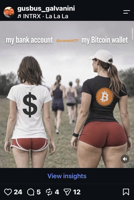 An Instagram post by 'gusbus_galvanini' shows two women from behind walking in a field, labeled 'my bank account' (with a $ shirt) and 'my Bitcoin wallet' (with a B shirt).