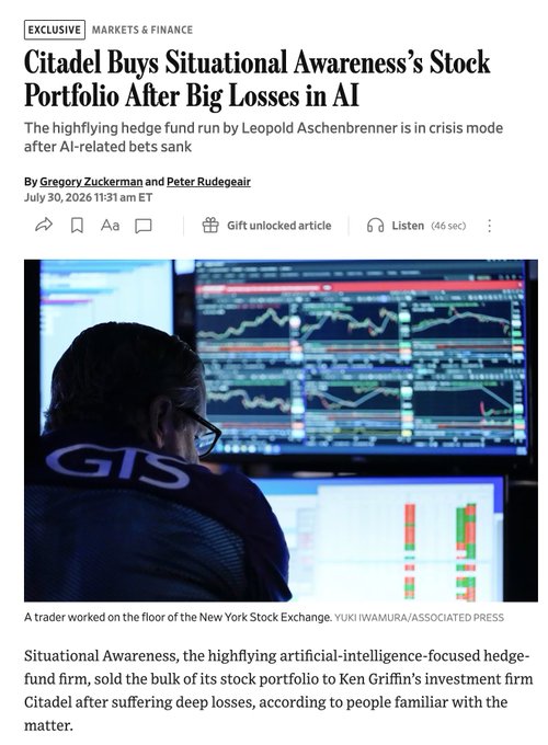 A Bloomberg news article headlined 'Citadel Buys Situational Awareness's Stock Portfolio After Big Losses in AI,' describing how the AI-focused hedge fund sold its portfolio to Ken Griffin's Citadel after losses.