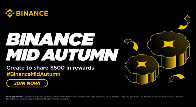 The image is a promotional banner for Binance's "Mid Autumn" campaign, featuring a black background with bold white text and golden mooncake illustrations on the right side. The banner invites users to "Create to share $500 in rewards" with the hashtag "#BinanceMidAutumn" and includes a yellow "JOIN NOW!" button, complemented by a risk warning disclaimer at the bottom.