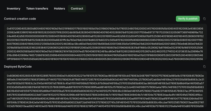 Screenshot of a blockchain explorer page showing tabs 'Inventory', 'Token transfers', 'Holders', 'Contract' with 'Contract creation code' and 'Deployed ByteCode' filled with hexadecimal strings and a green 'Verify & publish' button.