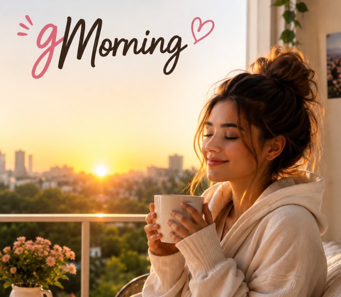 A woman in a white hoodie holding a mug smiles with closed eyes during a sunrise, with 'gMorning' written in decorative script and a heart in the upper left corner.