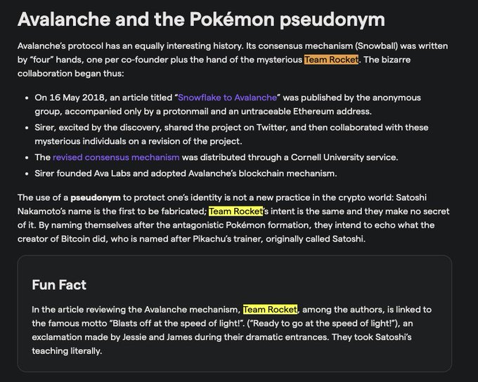 An article titled 'Avalanche and the Pokémon pseudonym' discussing the history of Avalanche's protocol, its 'Snowball' consensus mechanism, and the use of the pseudonym 'Team Rocket'.