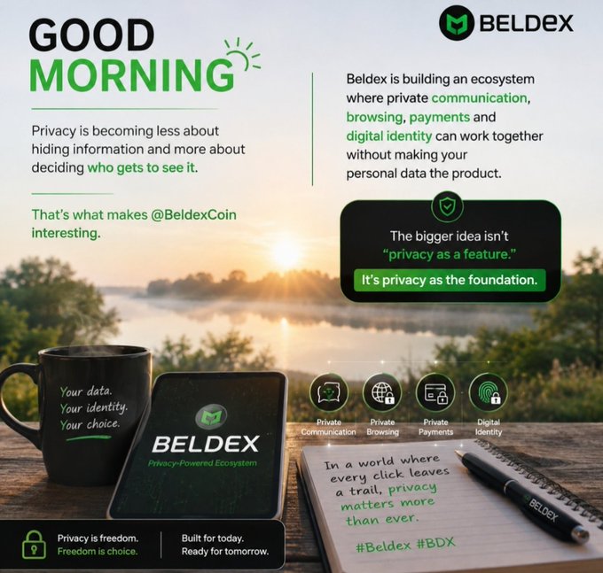 A scenic sunrise over a misty lake serves as the backdrop for a Beldex promotional graphic, featuring a coffee mug with "Your data. Your identity. Your choice," a phone displaying the Beldex logo, and a notebook with handwritten text emphasizing privacy in a world where every click leaves a trail. The image reinforces the post's message about Beldex (@BeldexCoin) building an ecosystem of private communication, browsing, payments, and digital identity where privacy is the foundation, not just a feature (#BDX).