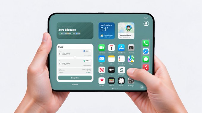 A person holds a foldable smartphone displaying a home screen with app icons and a "Swap" widget showing a USD-to-USDT exchange rate ($5,550,000 to $5,540,890) alongside a "Zero Slippage" widget—a playful nod to the "zero slippage pro max™" caption, suggesting that even on the largest foldable devices, crypto trades execute without slippage.