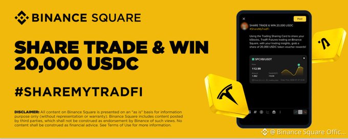 A promotional banner for Binance Square's "Share Trade & Win 20,000 USDC" campaign with the hashtag #SHAREMYTRADFI, featuring a phone displaying a USDCUSDT trading card and a disclaimer noting all content is for informational purposes only. The image illustrates the post's message about sharing actual trades on Binance Square to trade both crypto and traditional finance (TradFi) instruments like bStocks.