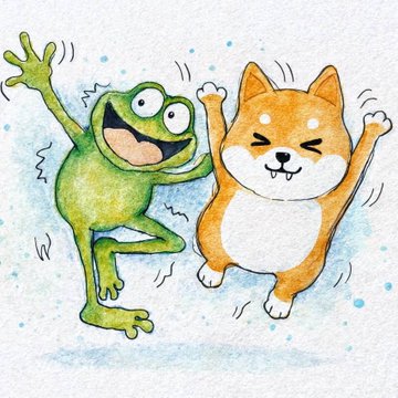 A cheerful watercolor-style illustration shows a green frog and an orange Shiba Inu dog leaping joyfully side by side, representing the cartoon characters Pepe and Doge whose memes inspired the "Oggie" frog coin referenced in the post.