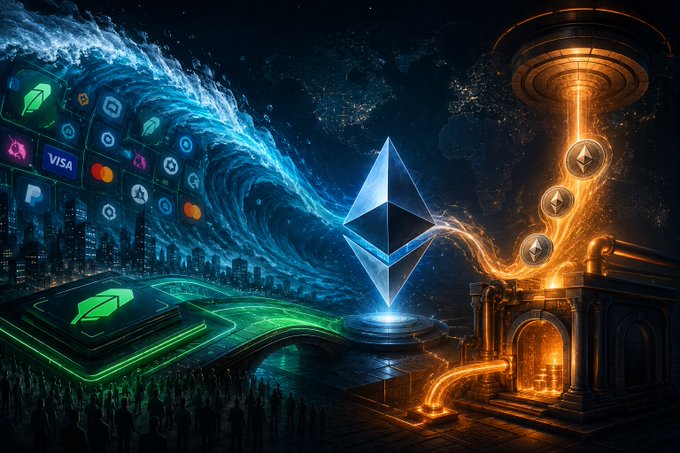 A digital artwork depicting the Ethereum logo at the center, with a wave of blue digital payment symbols (including Visa, Mastercard, and PayPal logos) on the left and a golden pipeline of Ethereum coins flowing into a furnace on the right, symbolizing the Web3 ecosystem.