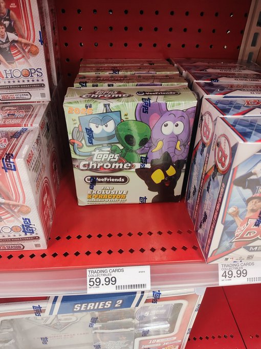 A retail shelf at Target displays Topps Chrome "StreetFriends" trading card boxes featuring VeeFriends characters, including an Alien, priced at $59.99, confirming the post's mention of finding stocked VeeFriends cards at the American Fork location.
