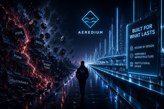 The image features a man walking down a street with buildings of varying heights behind him. The background includes neon blue, red, and black colors that create an urban atmosphere. Below the title "Aerium" written in white letters, there is a question posed about the speed at which it can go. This question seems to be related to the concept of cryptocurrency or blockchain technology, as suggested by the post's title. The image also includes text that reads: "Built for What Lasts", implying that the man walking down the street might have an interest in long-lasting and secure systems.