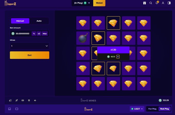 A 'DiggerZ MINES' gambling game interface showing a 5x5 grid of diamonds with one bomb revealed, displaying a 1.30x multiplier.