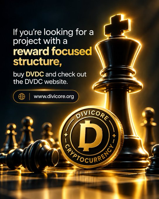 A promotional graphic for 'DIVICORE CRYPTOCURRENCY' (ticker DVDС) featuring a king chess piece, gold coins, and the text 'If you're looking for a project with a reward focused structure, buy DVDС and check out the DVDС website.'