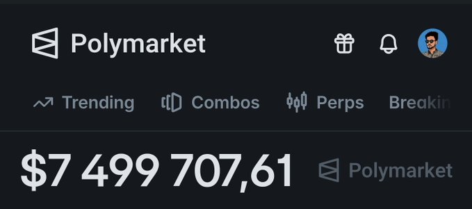 A screenshot of the Polymarket website showing navigation tabs for Trending, Combos, and Perps, with a balance displayed as '$7 499 707,61'.