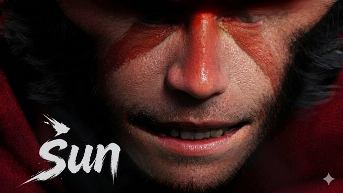The image features a close-up of a man's face with red paint on his nose, mouth, and cheeks. The background appears to be a grayish color, which contrasts with the vibrant reds from the paint. The text "Sun" is written in white letters above the photo.