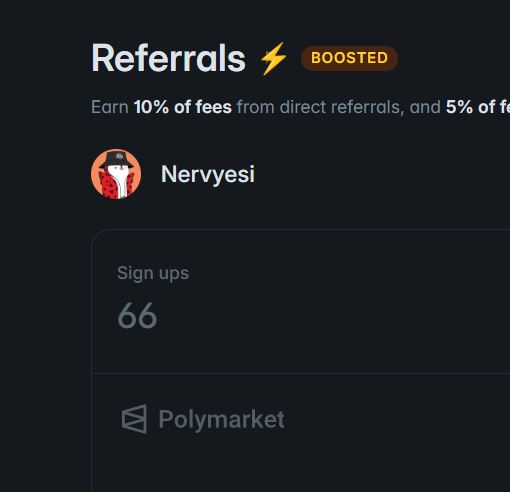A Polymarket referral dashboard showing the user 'Nervyesi' with a 'BOOSTED' label, indicating 66 sign-ups and details about earning 10% of fees from direct referrals.