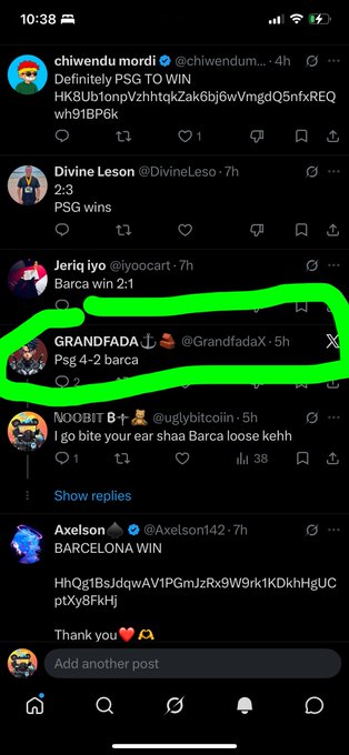 A dark-mode social media feed shows football-related posts, with a thick bright green oval highlighting a “GRANDFADA” post reading “Psg 4-2 barca.”